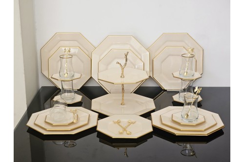 Gold Krem 6 Kişilik 31 Parça Pasta Çay Servis İkram Takımı