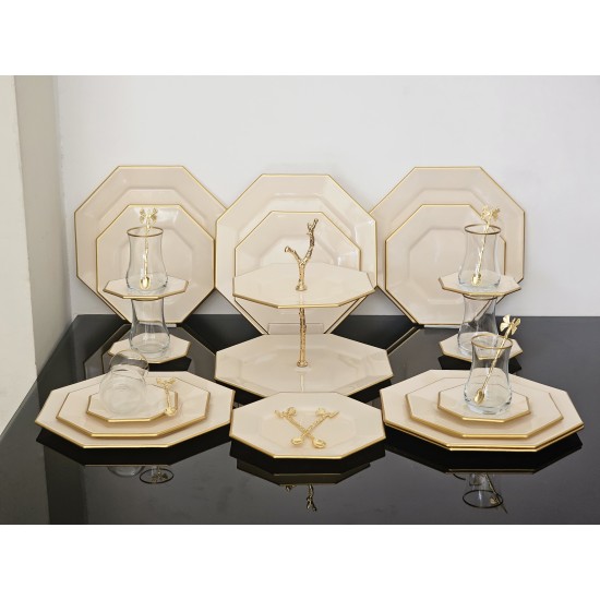 Gold Krem 6 Kişilik 31 Parça Pasta Çay Servis İkram Takımı